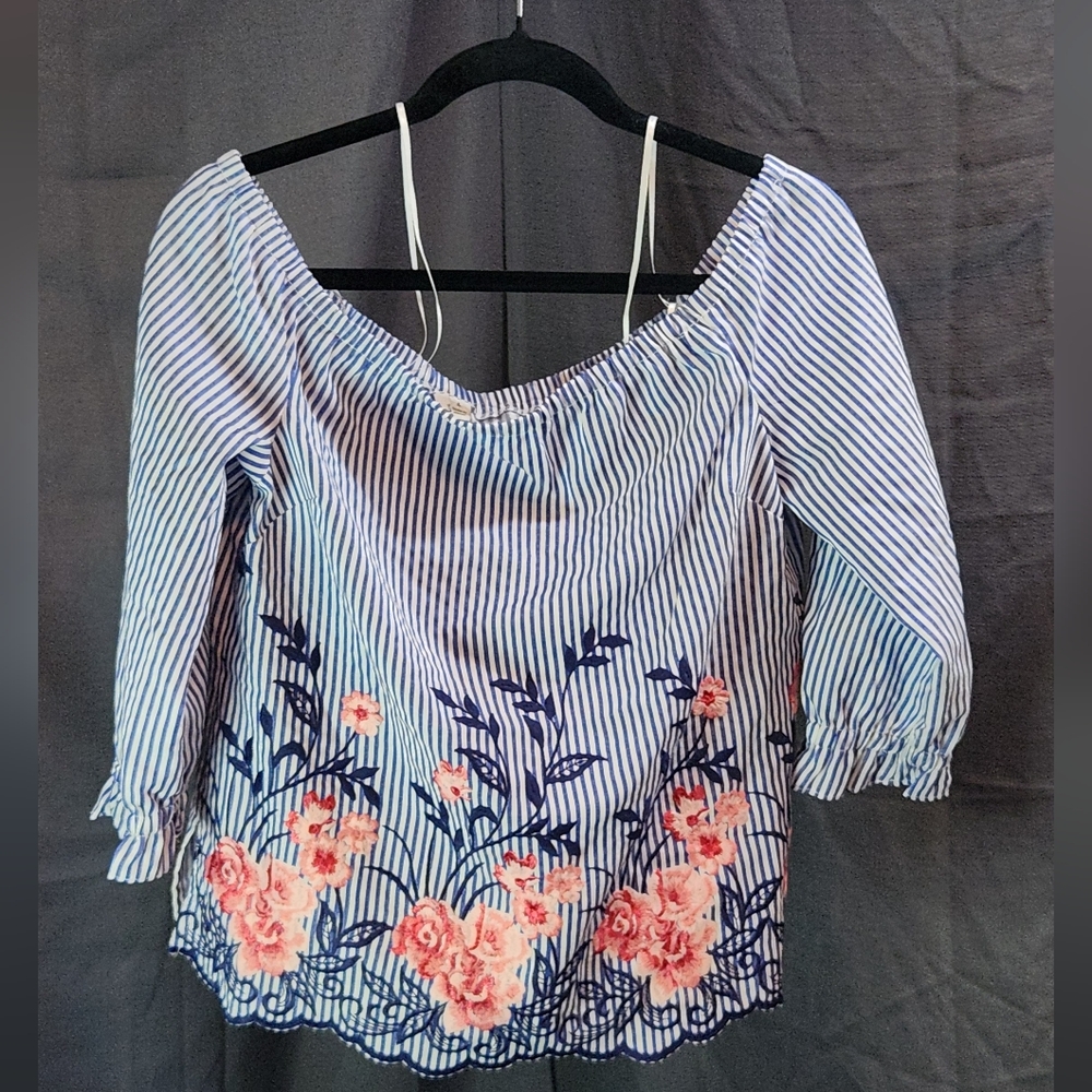 Elle Blue and Pink Striped Floral Blouse- NEVER WORN.